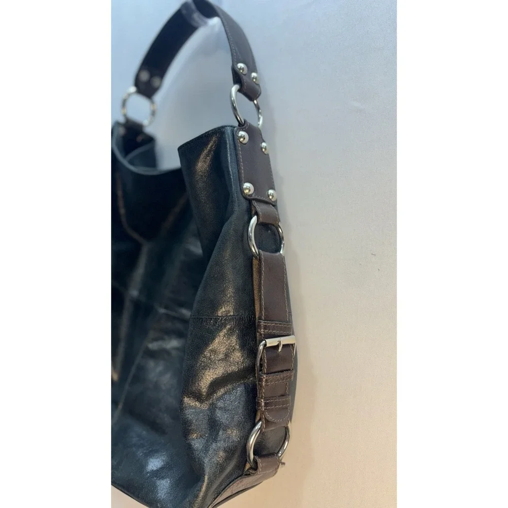 TANO Black Leather Hobo Shoulder Bag Purple Lining Studded Hardware